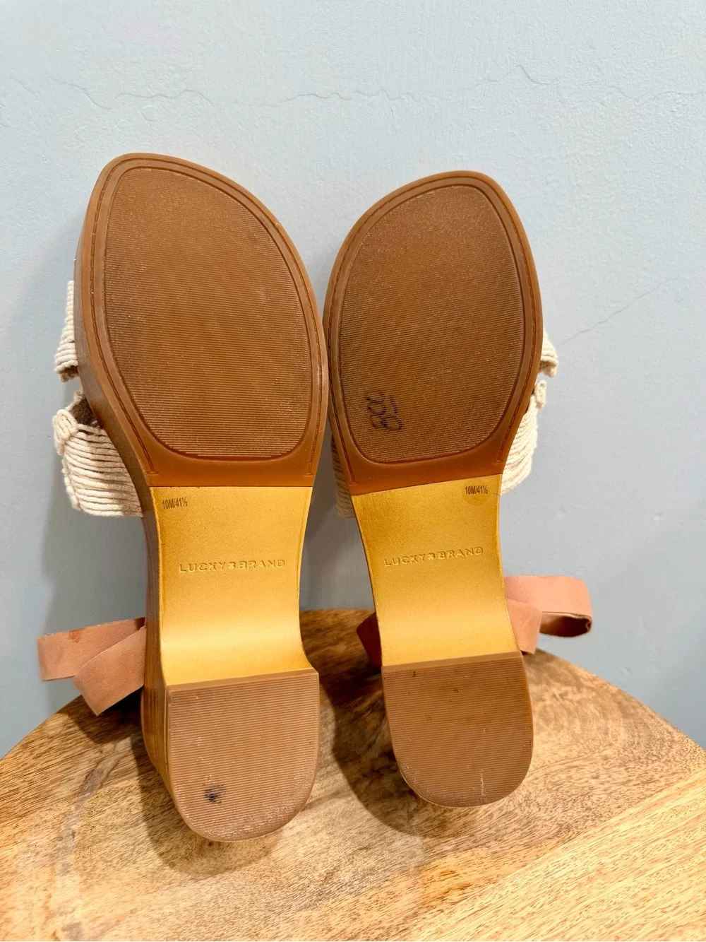 Lucky Brand Famika Woven Macrame Platform Heel Sandals Tan Cream Boho Size 10M